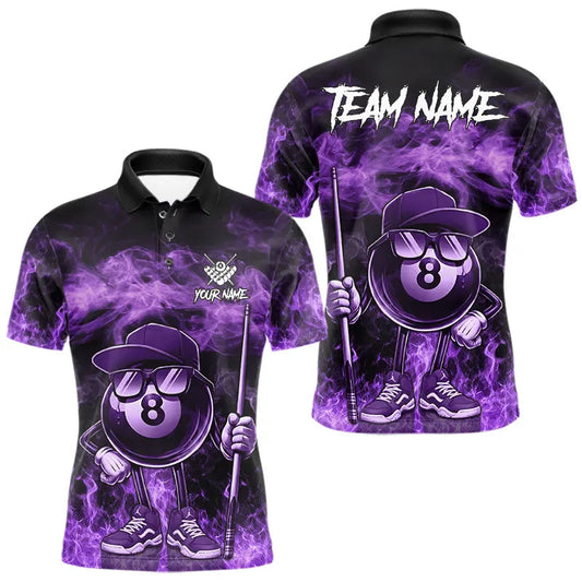 Maxcorners Purple Funny 8 Ball Pool Flame Smoke Billiard Shirt For Men Custom Billiard Team Jersey Uniform