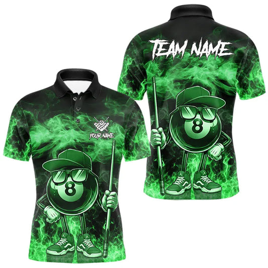 Maxcorners Green Funny 8 Ball Pool Flame Smoke Billiard Shirt For Men Custom Billiard Team Jersey Uniform