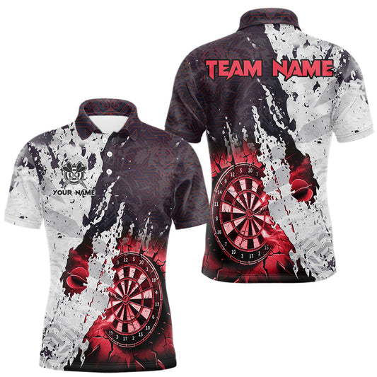 Maxcorners Personalized Grunge White Black Crack Wall Dart Shirts For Men, Dart Jersey Polo & 1/4 Zip |Red