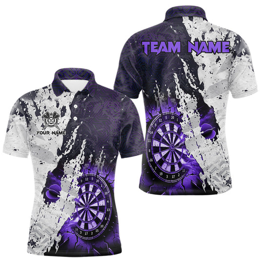Maxcorners Personalized Grunge White Black Crack Wall Dart Shirts For Men, Dart Jersey Polo & 1/4 Zip |Purple