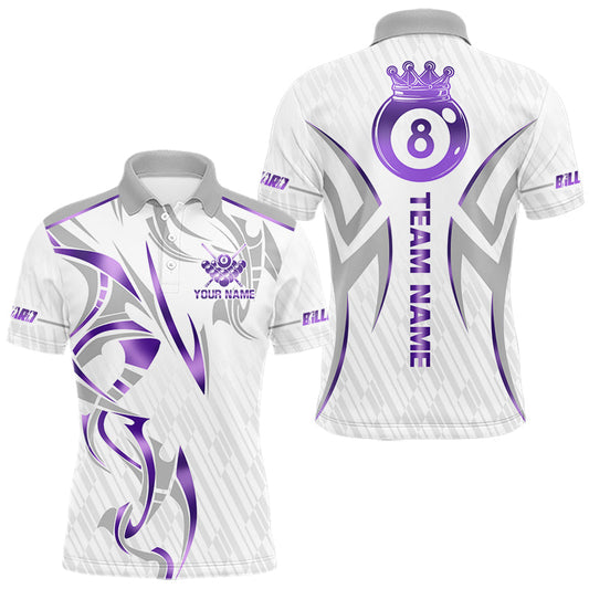 Maxcorners White And Purple Custom Crown 8 Ball Men's Billiards Shirts, Billiard Jersey Team Polo & 1/4 Zip