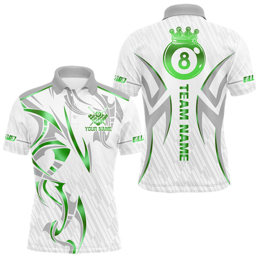 Maxcorners White And Green Custom Crown 8 Ball Men's Billiards Shirts, Billiard Jersey Team Polo & 1/4 Zip