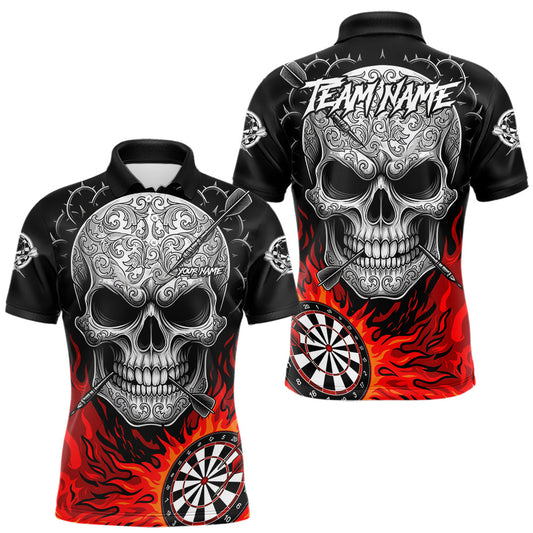Maxcorners Black And Red Flaming Skull Darts Shirt For Men Custom Darts League Jersey Team Polo & 1/4 Zip