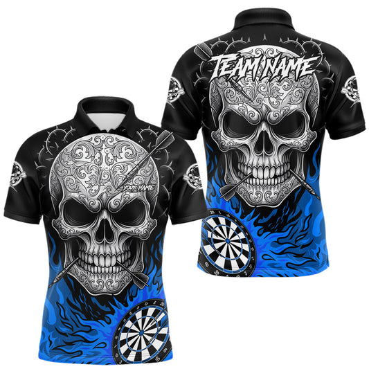 Maxcorners Black And Blue Flaming Skull Darts Shirt For Men Custom Darts League Jersey Team Polo & 1/4 Zip
