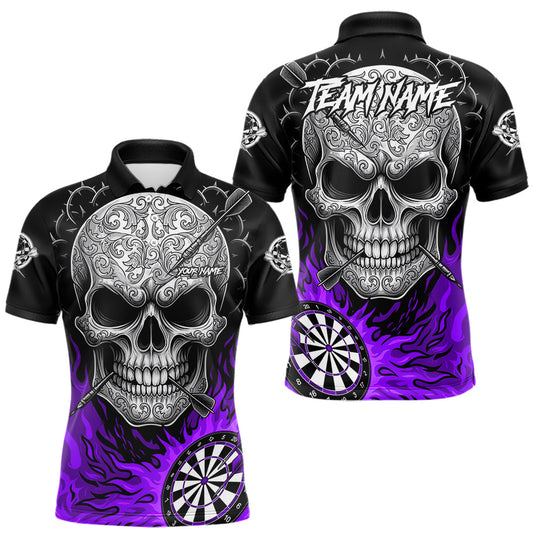Maxcorners Black And Purple Flaming Skull Darts Shirt For Men Custom Darts League Jersey Team Polo & 1/4 Zip