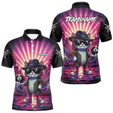 Maxcorners Funny Cat 8 Ball Billiard Shirt For Men Custom Neon Graffiti Billiard Jersey Team Polo & 1/4 Zip