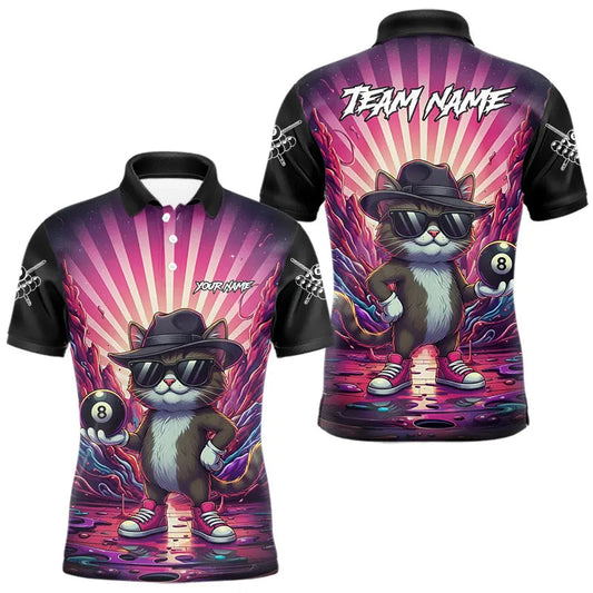 Maxcorners Funny Cat 8 Ball Billiard Shirt For Men Custom Neon Graffiti Billiard Jersey Team Polo & 1/4 Zip
