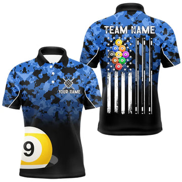 Maxcorners 9 Ball Pool Blue Camo Custom Billiard Shirts For Men, Patriotic US Flag Billiard Team Jerseys LM0901