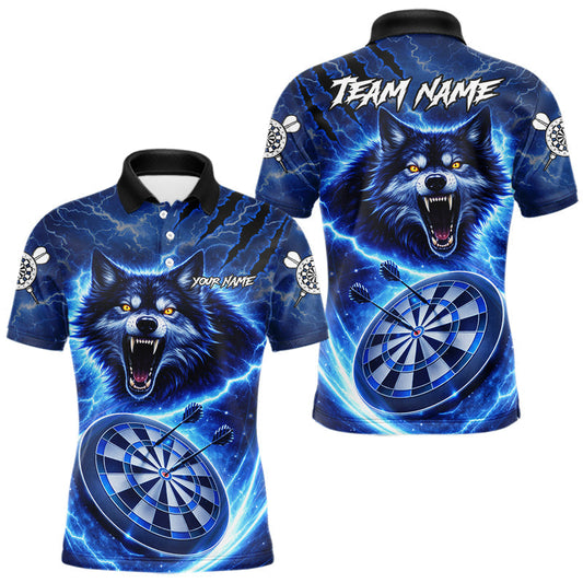 Maxcorners Personalized Blue Dartboard Lightning Wolf Darts Shirt For Men, Darts Team Jersey Polo & 1/4 Zip