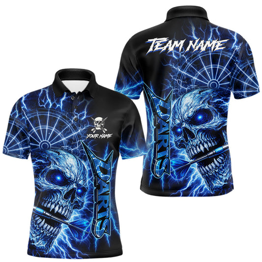 Maxcorners Blue Darts Skull Polo & Quarter Zip Shirt For Men Custom Thunder Lighting Darts Team Jersey