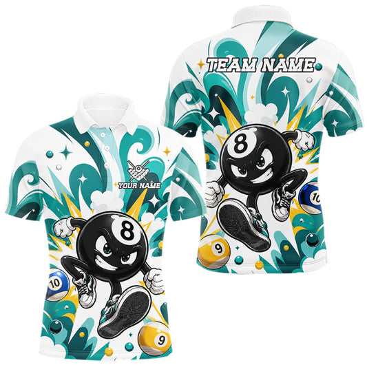 Maxcorners Teal Funny 8 Ball Pool Graffiti Billiard Shirts For Men Custom Billiard Team Jersey Polo & 1/4 Zip