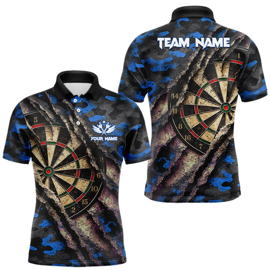 Maxcorners Blue Retro Grunge Camo Darts Shirt For Men Custom Darts Jersey Team Polo & Quarter Zip Uniform
