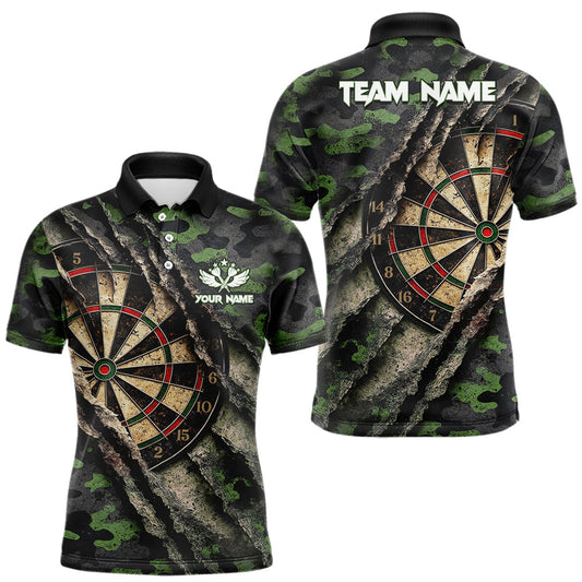 Maxcorners Green Retro Grunge Camo Darts Shirt For Men Custom Darts Jersey Team Polo & Quarter Zip Uniform