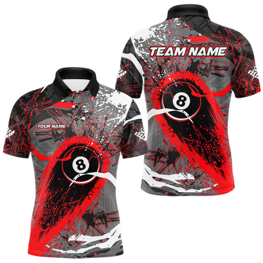 Maxcorners Red Grunge 8 Ball Pool Custom Billiard Shirts For Men, Billiard Team Jerseys Polo 1/4 Zip