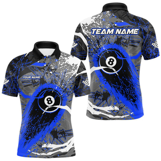 Maxcorners Blue Grunge 8 Ball Pool Custom Billiard Shirts For Men, Billiard Team Jerseys Polo 1/4 Zip