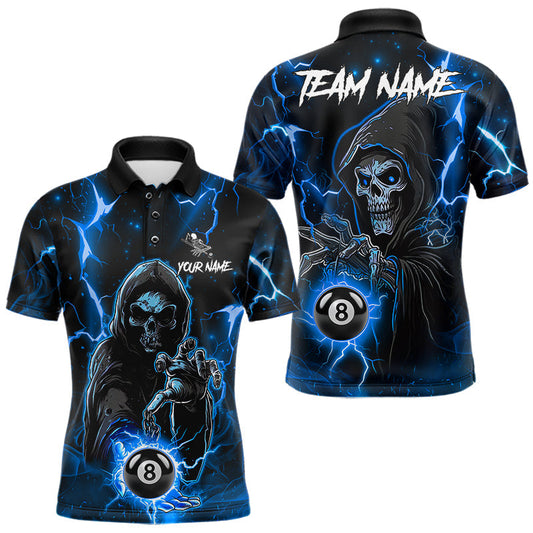 Maxcorners Blue Grim Reaper 8 Ball Billiard Shirt For Men Custom Lightning Billiard Team Jersey Polo, 1/4 Zip