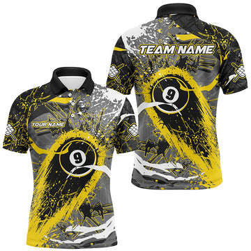 Maxcorners Billiard Yellow Grunge Stains 9 Ball Pool Customized Name, Team Anme 3D Polo Shirt