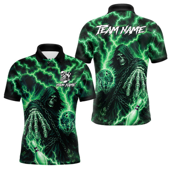Maxcorners Custom Green Lightning Grim Reaper Bowling Shirts For Men, Bowling Team Jersey Polo & 1/4 Zip