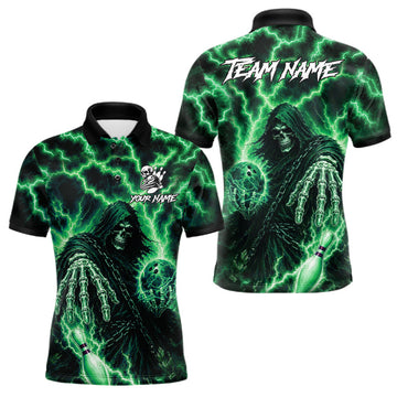 Maxcorners Custom Green Lightning Grim Reaper Bowling Shirts For Men, Bowling Team Jersey Polo & 1/4 Zip