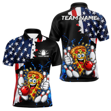 Maxcorners Funny Pizza Bowling Shirts For Men Custom US Flag Patriotic Team Bowling Jerseys Uniforms