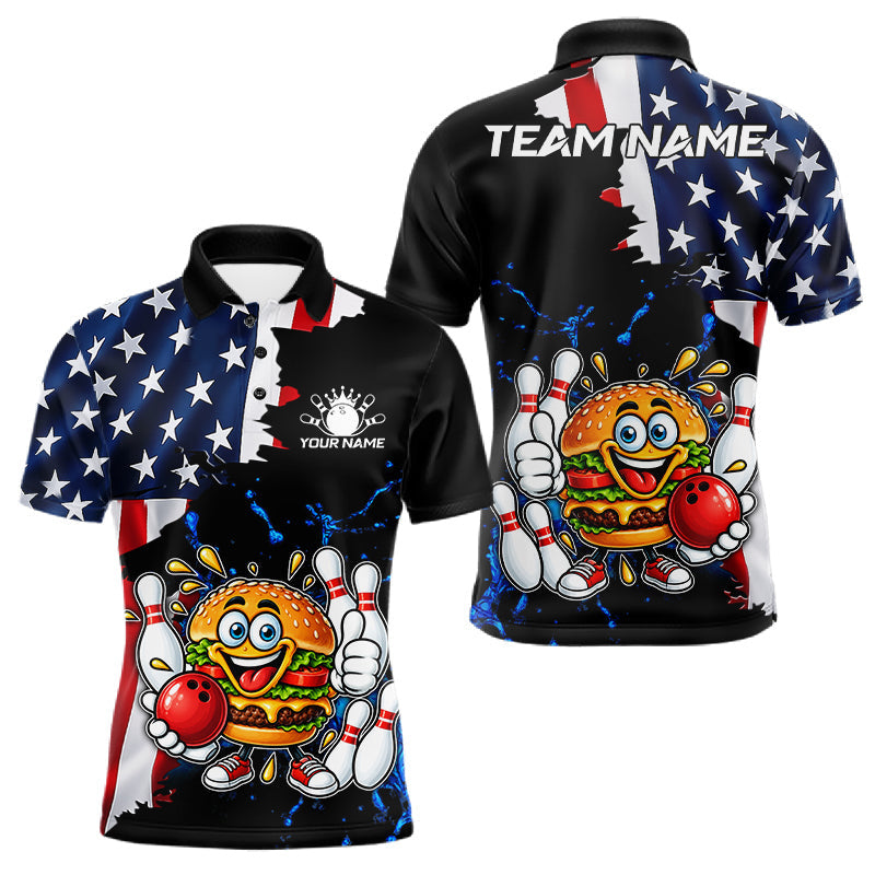 Maxcorners Funny Hamburger Bowling Shirts For Men Custom US Flag Patriotic Team Bowling Jerseys Uniforms