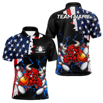 Maxcorners Funny Bull Bowling Shirts For Men Custom US Flag Patriotic Team Bowling Jerseys Uniforms