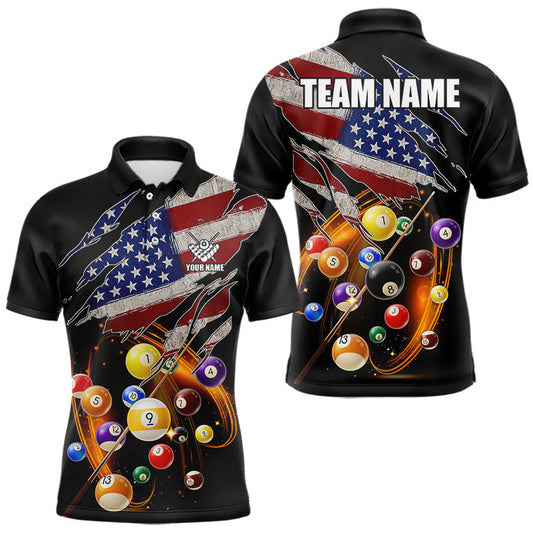 Maxcorners American Flag Pool Balls Billiard Shirt For Men Custom Patriotic Billiard Jersey Polo & 1/4 Zip LM1104