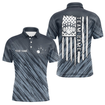 Maxcorners Custom Grey Grunge American Flag Bowling Shirt For Men, Patriotic Bowling Jersey Polo & 1/4 Zip LM1005