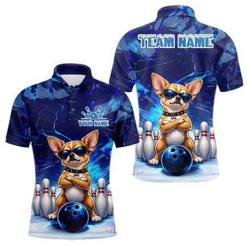 Maxcorners Blue Funny Chihuahua Dog Bowling Shirt For Men Custom Bowling Team Jersey Polo & Quarter Zip