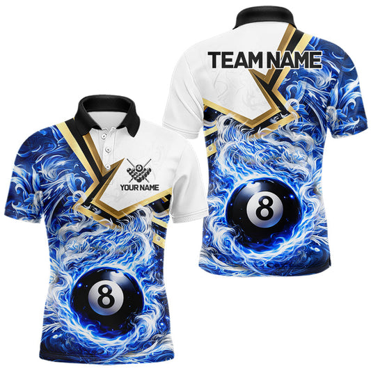 Maxcorners Blue 8 Ball Flame Smoke Golden Billiard Shirt For Men Custom Pool Team Jersey Polo & 1/4 Zip LM1104