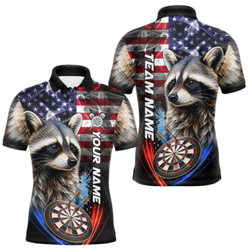 Maxcorners Smoke American Flag Raccoon Darts Polo, 1/4 Zip Shirts For Men Custom Patriotic Darts Team Jersey LM1508