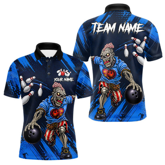 Maxcorners Custom Blue Funny Zombie Bowling Shirt For Men, Bowling Team League Jersey Polo & Quarter Zip