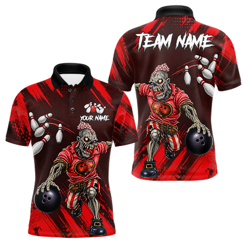 Maxcorners Custom Red Funny Zombie Bowling Shirt For Men, Bowling Team League Jersey Polo & Quarter Zip