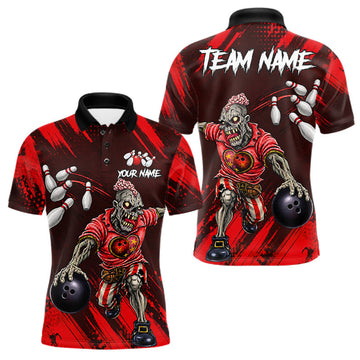Maxcorners Custom Red Funny Zombie Bowling Shirt For Men, Bowling Team League Jersey Polo & Quarter Zip