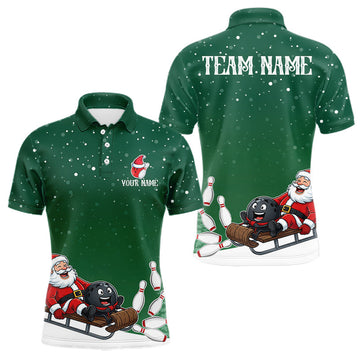 Maxcorners Green Funny Santa Christmas Bowling Polo, 1/4 Zip Shirts For Men Custom Xmas Bowling Team Jersey