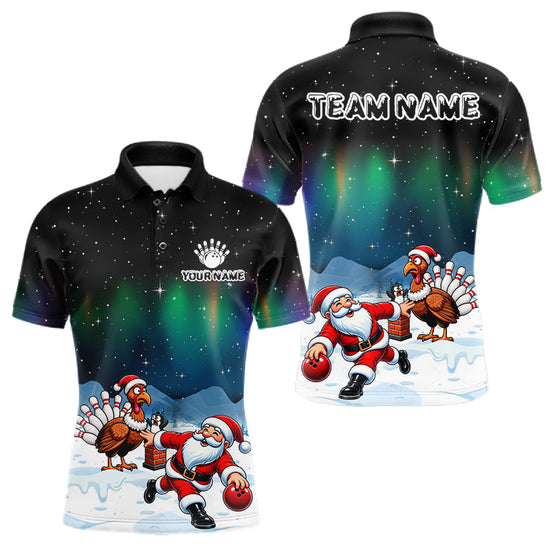 Maxcorners Funny Santa And Turkey Christmas Bowling Shirts For Men Custom Xmas Bowling Team Jersey