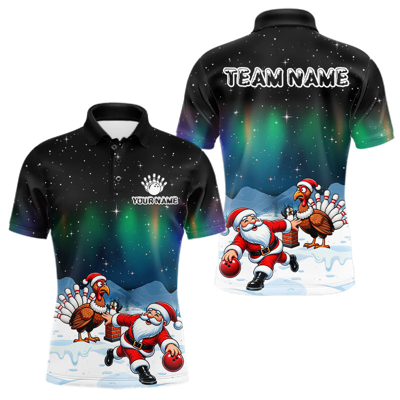 Maxcorners Funny Santa And Turkey Christmas Bowling Shirts For Men Custom Xmas Bowling Team Jersey