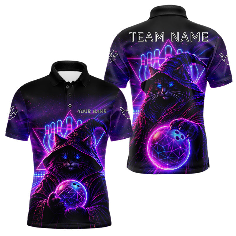 Maxcorners Custom Neon Funny Cat Wizard Bowling Polo & 1/4 Zip Shirts For Men, Bowling Team Jersey Uniform