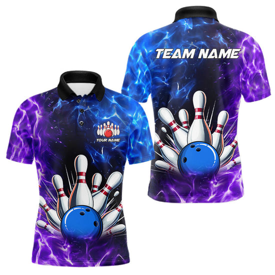 Maxcorners Custom Blue And Purple Flame Bowling Polo, Quarter Zip Shirts For Men, Bowling Team Jersey