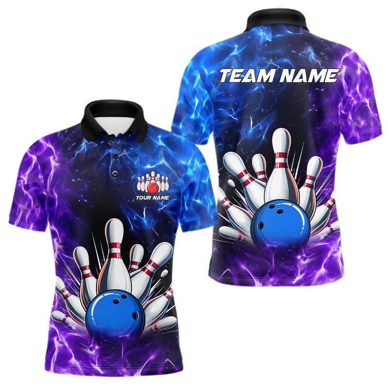 Maxcorners Custom Blue And Purple Flame Bowling Polo, Quarter Zip Shirts For Men, Bowling Team Jersey