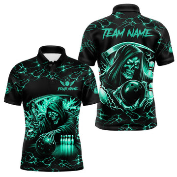 Maxcorners Custom Turquoise Grim Reaper Lightning Bowling Shirt For Men, Bowling Jersey Team Polo & 1/4 Zip