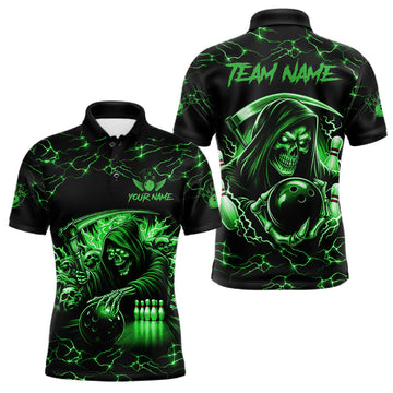 Maxcorners Custom Green Grim Reaper Lightning Bowling Shirt For Men, Skull Bowling Jersey Team Polo & 1/4 Zip