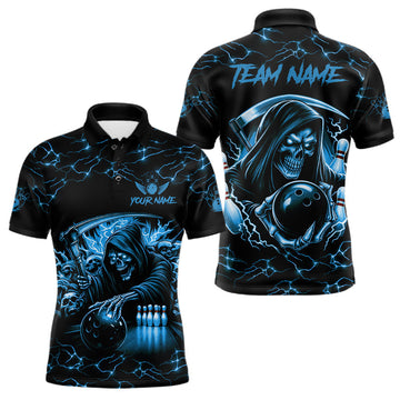 Maxcorners Custom Blue Grim Reaper Lightning Bowling Shirt For Men, Skull Bowling Jersey Team Polo & 1/4 Zip