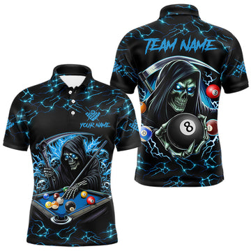 Maxcorners Blue Funny Grim Reaper 8 Ball Pool Men Billiard Shirts Custom Billiard Jersey Team Polo & 1/4 Zip LM1411
