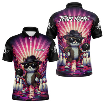 Maxcorners Pink Funny Cat Bowling Jersey For Men Custom Neon Graffiti Bowling Shirt Team Polo & 1/4 Zip  LM1501