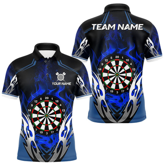 Maxcorners Personalized Blue Flaming Silver Darts Shirts For Men, Fire Darts Team Jersey Polo & Quarter Zip