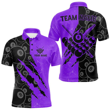 Maxcorners Custom Grunge Black Purple 8 Ball Pool Billiard Shirt For Men, Billiard Team Jersey Polo & 1/4 Zip LM1508