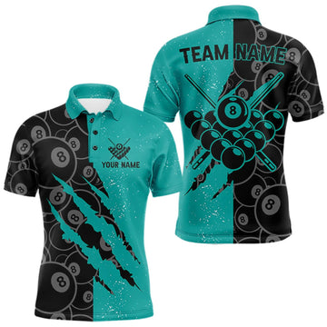 Maxcorners Custom Grunge Black Teal 8 Ball Pool Billiard Shirt For Men, Billiard Team Jersey Polo & 1/4 Zip LM1508