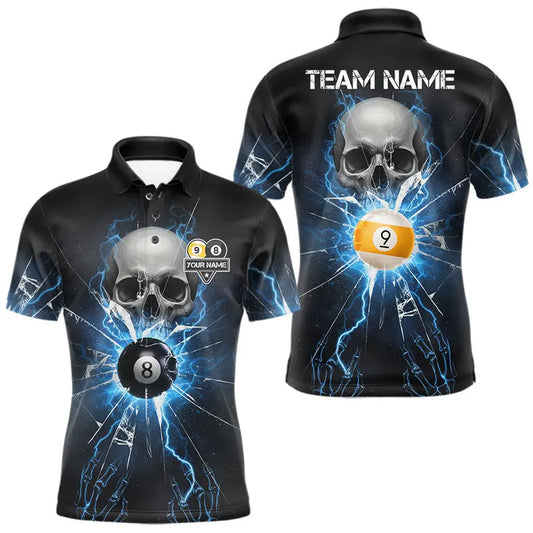 Maxcorners Blue Billiard 8 Ball & 9 Ball Skull Pool Shirt For Men Custom Glass Break Billiard Team Jersey