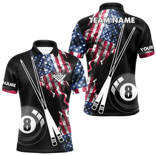 Maxcorners Personalized US Flag Smoke 8 Ball Pool Billiard Shirt For Men Custom Patriotic Billiard Team Jersey LM2512